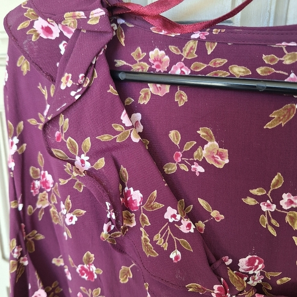 Plus Sz16/18 New Tags Faded Glory Blouse BOHO Maroon Floral Ruffle Scoop Neck - Picture 13 of 13